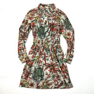 CRACKER BARREL Dress VTG 70s Button Down Collared Tropical Tiger Long Sleeve 11